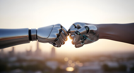 Two Robotic Arms Shaking Hands, Signifying Collaboration, Partnership, and Industry Innovation in Modern Business Context