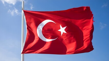 National Turkish flag waving on clear blue sky, patriotic banner for July 15 Democracy and National Unity Day concept