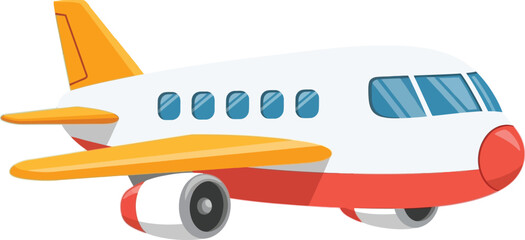 Cartoon airplane with orange wings and tail, red stripe, and blue windows in a side view.