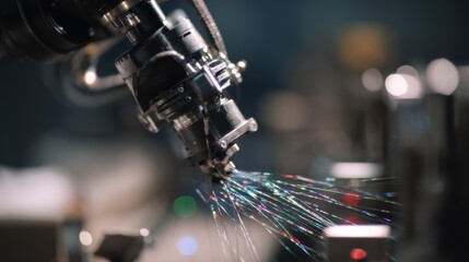 Robotic arm weaving fiber optic cables, showcasing the automation and precision of modern technology in a futuristic factory setting, enhancing communication and data transfer capabilities