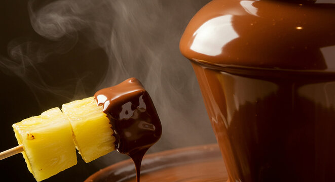 'Rich, glossy chocolate fondue pot with pineapple skewers being dipped, creating a decadent and indulgent dessert scene with st...