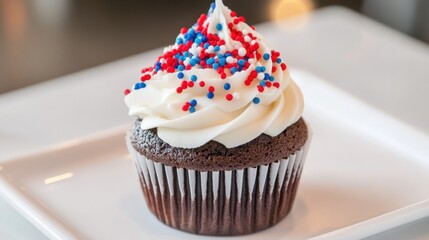 Patriotic Chocolate Cupcake with White Frosting and Red, White, and Blue Sprinkles