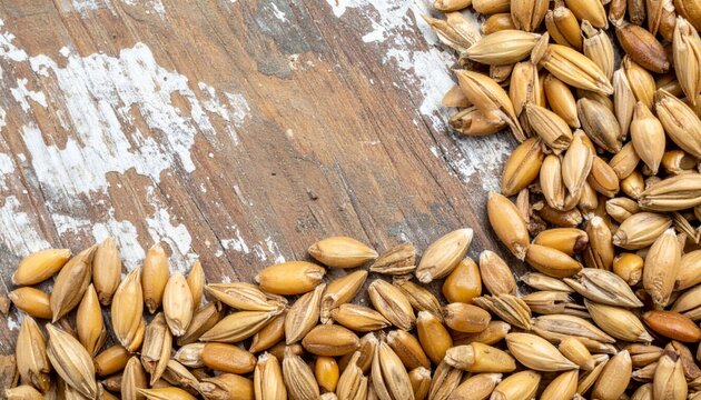 Pile of Golden Barley Grains on a Rustic White Wood Background Texture