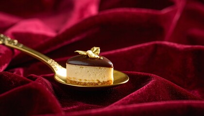 Exquisite chocolate dessert on a golden spoon against a luxurious velvet backdrop