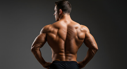 Powerful male bodybuilder showing his muscular back and sculpted physique against a gray background.