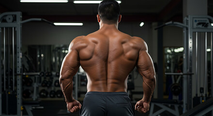 Fototapeta premium Powerful athletic man showcasing a chiseled back and muscular physique in a gym environment.