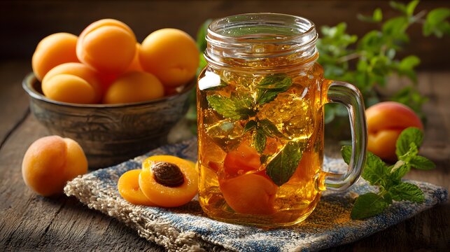 Iced apricot tea with fresh mint leaves in a glass mason jar. - Powered by Adobe