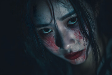 Portrait of asian woman make up ghost,Scary horror scene for background,Halloween festival concept,Ghost movies poster