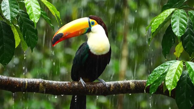 Toucan perched on a branch rain falling amid lush greenery