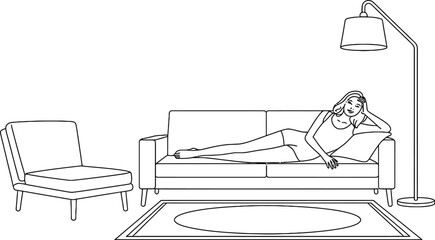 Woman relaxing on a couch with a floor lamp and armchair