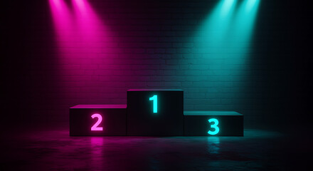 Podium with glowing numbers and spotlights winner first place