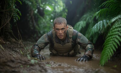 Soldier Crawling Through Mud in Jungle Military Training Extreme Conditions