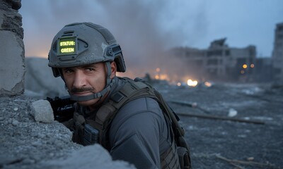 Naklejka premium Soldier in combat gear taking cover behind a damaged wall