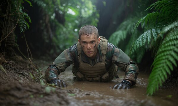 Soldier Crawling Through Mud in Jungle Military Training Extreme Conditions