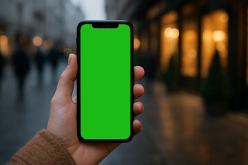 Hand Holding Smartphone with Green Screen Display on a Blurry City Street Background
