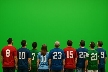 Back View of Diverse Sports Fans in Numbered Jerseys Looking Up at a Green Screen Background