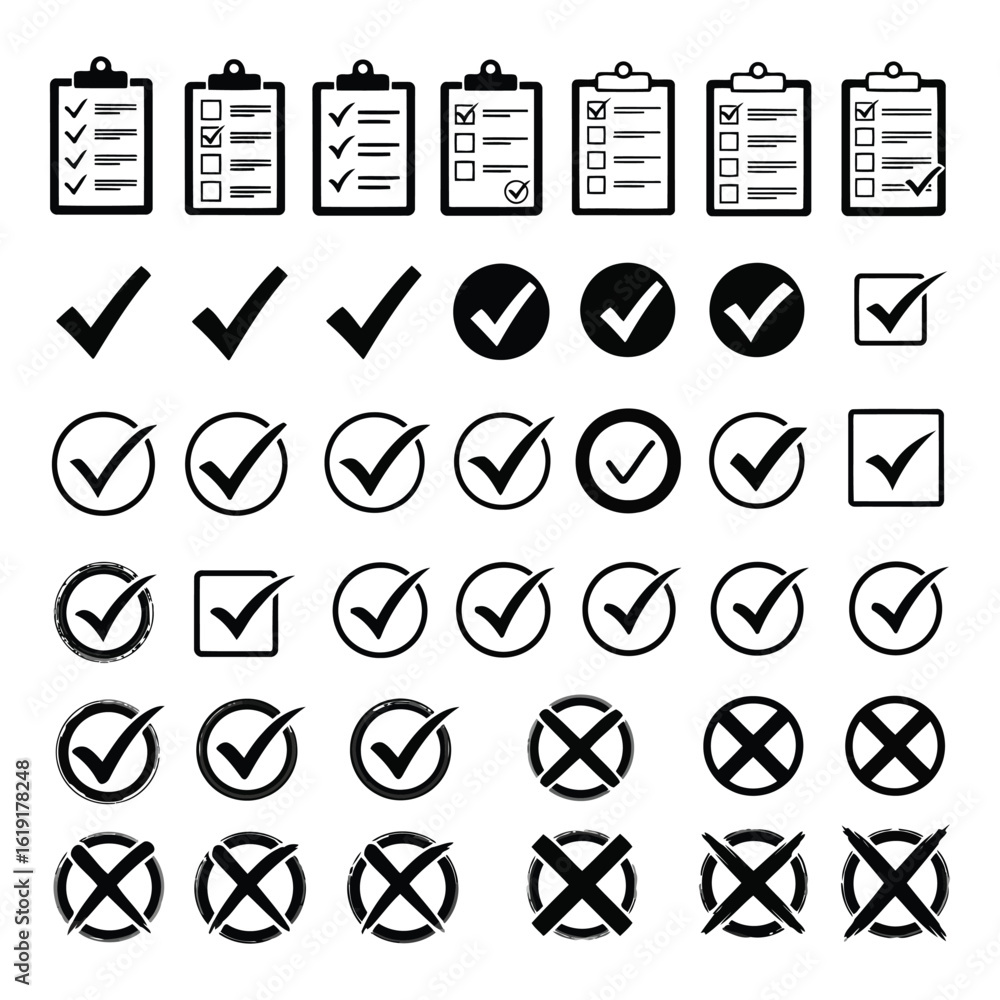 Poster vector art of a comprehensive collection of checkmarks and crosses in various styles and formats on 