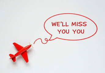 Express Farewell with a Red Airplane Flying Away with Heartfelt Message We'll Miss You, Perfect for Goodbye Cards and Corporate Send-Offs
