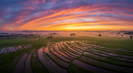 Naklejka premium Fiery panoramic sunrise over misty terraced rice paddies. The vibrant sky reflects on the water-filled fields in this scenic agricultural landscape.
