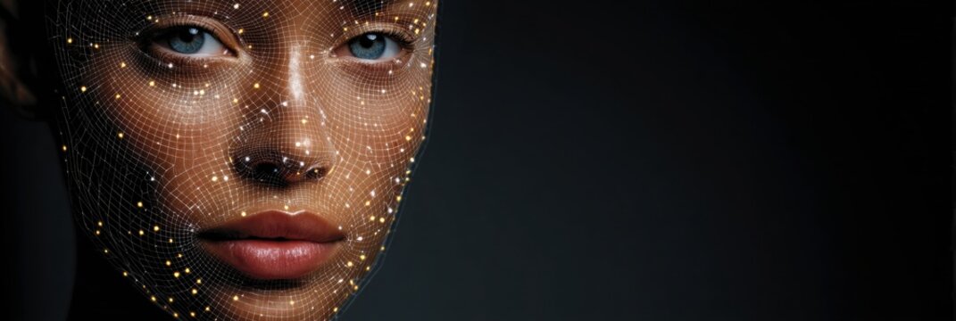 AI Face Scan Grid Overlay Displayed on Facial Features With Detected Anomalies, Set Against a Neutral Tech Background During a Digital Analysis Session - Powered by Adobe