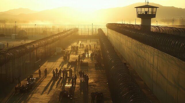 A serene prison yard where inmates gather in small groups, sunlight casting long shadows against high walls