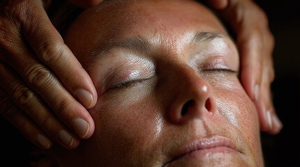 Obraz premium Close up of person receiving gentle facial massage with eyes closed, showing relaxation and calm skin care moment