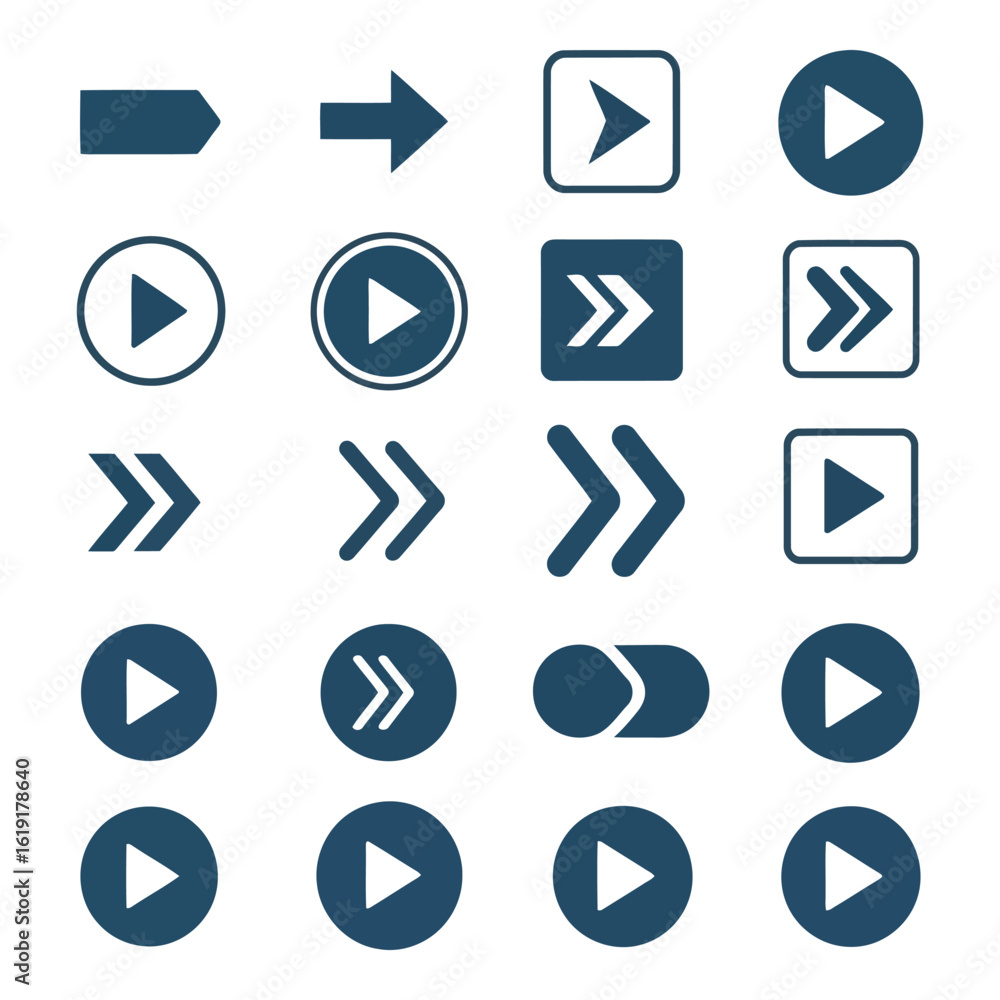 Poster vector art of a diverse collection of modern arrow and play icons for navigation and media control