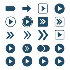Vector art of a diverse collection of modern arrow and play icons for navigation and media control