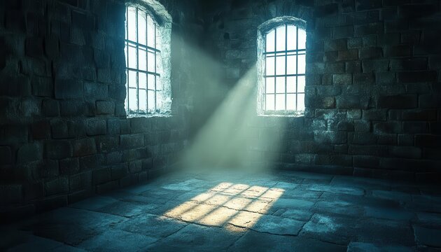 A serene solitary confinement cell glowing faintly from a single window, sunlight barely reaching the walls