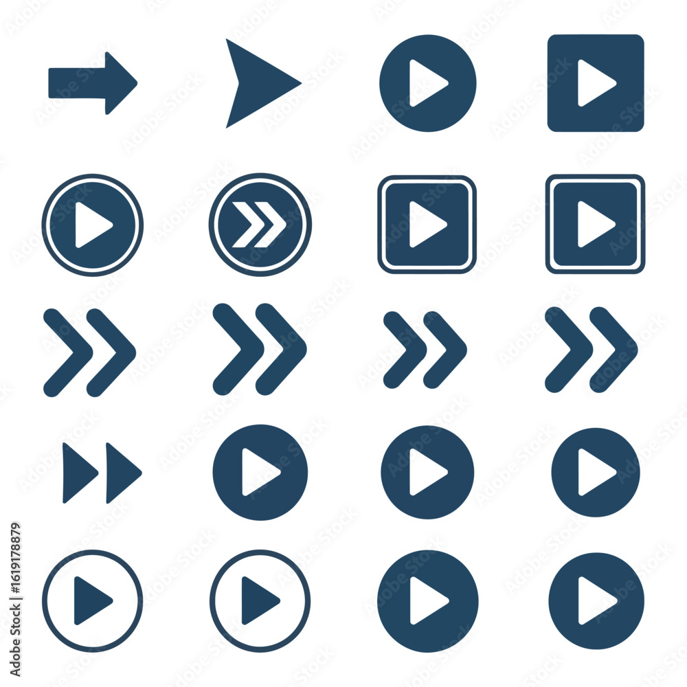 Poster vector art of a diverse collection of play and next arrow icons for digital interfaces and media pla
