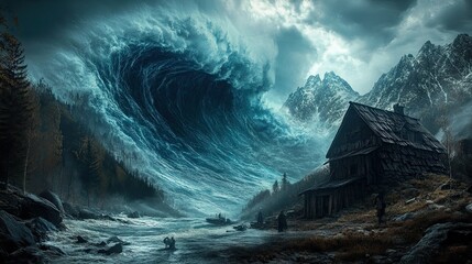 Stunning tidal wave engulfing a rustic coastal landscape with a weathered cabin and snow-capped mountains, dramatic nature scene evoking power and awe, adventure awaits