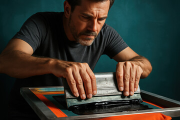 Focused artisan skillfully applying ink on fabric using traditional silkscreen printing technique in professional workshop