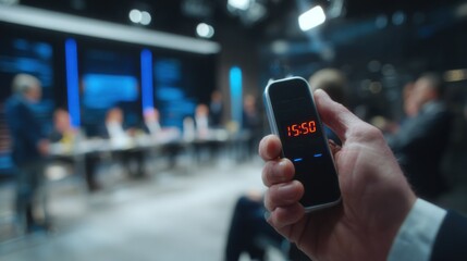 Medium shot of a digital timer counting down on a sleek device held by a moderator with the heated civic debate space subtly out of focus in the background underscoring time