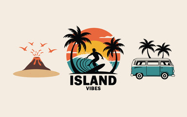 Island Vibes Surfer Van and Volcano Illustrations