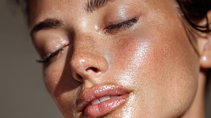 Fototapeta premium Close up of face with glowing skin and freckles, showing smooth poreless texture and natural beauty with closed eyes and relaxed expression
