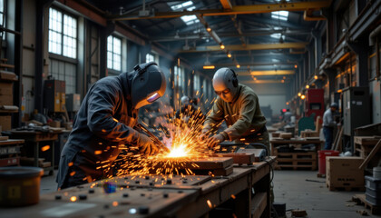 Welders create bright sparks in busy workshop, showcasing teamwork and skill in metal fabrication. atmosphere is filled with energy and focus as they work on their projects