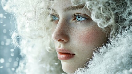 Dreamy portrait of a beautiful fair skinned woman with captivating blue eyes and freckles, framed by soft white textures evoking a sense of winter wonder and serene beauty