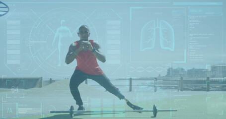 Performing side lunge over barbell, athlete in red top on waterfront deck with prosthetic leg
