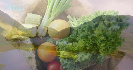 Schilderijen op glas Displaying burlap sack holding corn cobs green onions kale tomatoes and onions over alpine valley © vectorfusionart
