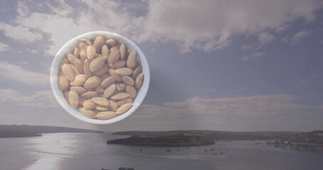 Floating white ceramic bowl holding unshelled almonds over coastal harbor waters, with moored boats