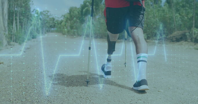 Walking man using prosthetic leg and poles in shorts on gravel trail in woods, heartbeat overlay