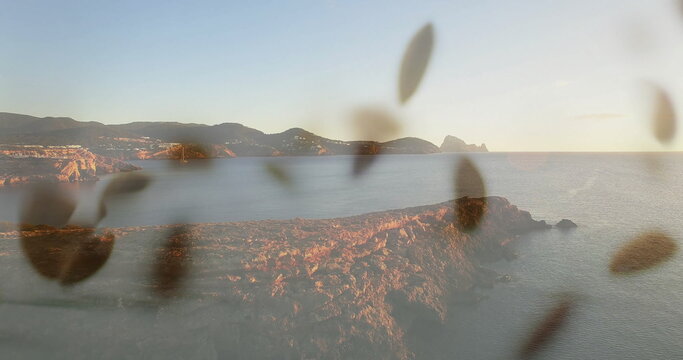 Fototapeta Showing rocky headland jutting into sea at coast, with distant islands and leaves