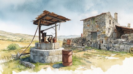 Rustic stone house and a well under a wooden roof in a rural landscape with dry grass and distant hills under a clear sky.