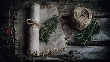 Obraz premium Rolled linen cloth, twine, and rosemary sprigs on a rustic wooden surface.