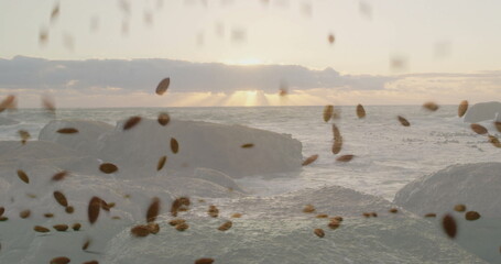 Fototapeta premium Rising jagged rock formation standing out at coast under golden sun rays, with drifting brown seeds