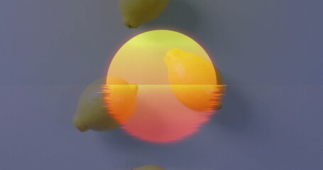 Displaying stylized gradient circle glitching on grey surface, with four bright lemons