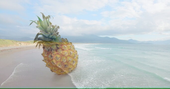 Fototapeta Giant pineapple resting on sandy beach shoreline, with grassy dunes, ocean waves, distant mountains