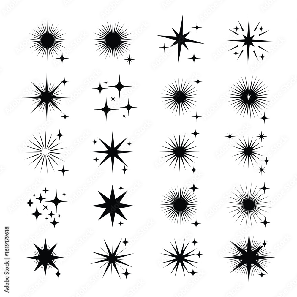 Poster vector art of a collection of black starburst and sparkle graphic elements, isolated on a white back