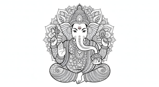 ganesha mandala black and white sitting pose clip art preview