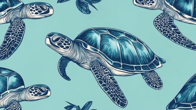 Seamless pattern of sea turtles swimming on a light blue background for textiles and wallpapers